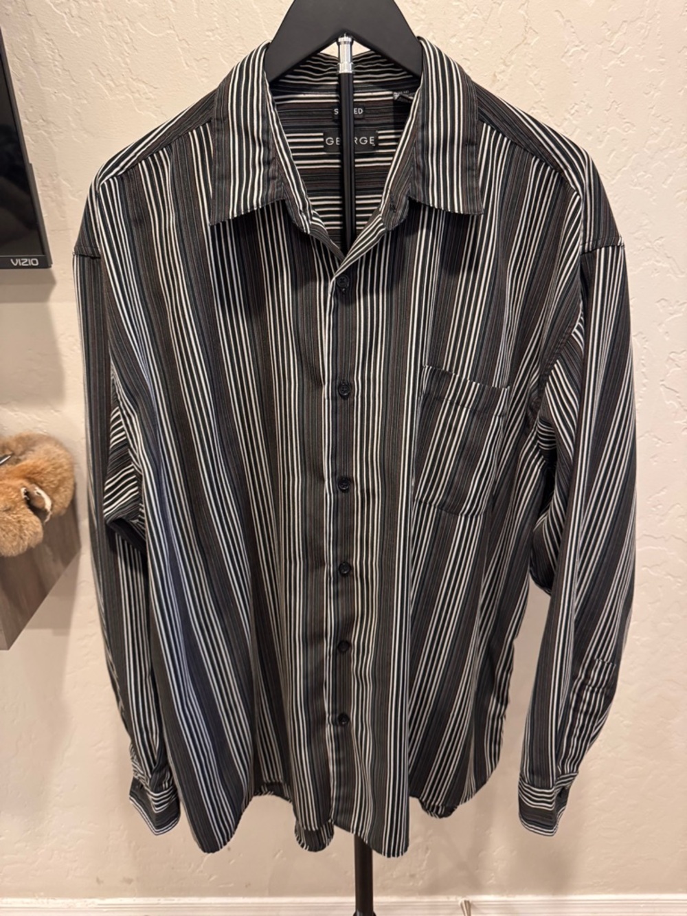Sueded George Black Shirt with White and Gray Vertical Stripes